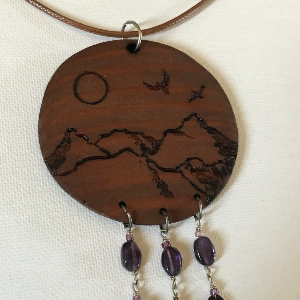 California Redwood Disc Amethyst Woodburned Mountains Birds Peace Sign Necklace